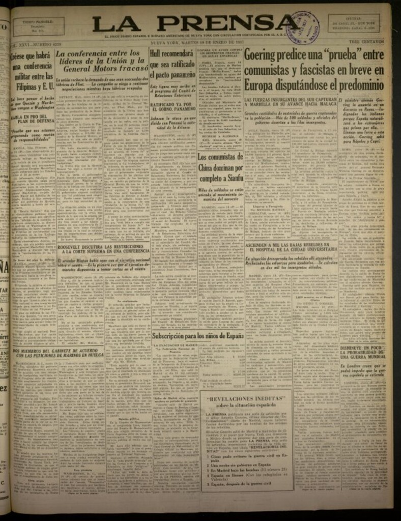 Miniatura de La Prensa: único diario español e hispano americano en Nueva York del 19 de enero de 1937, nº 6238