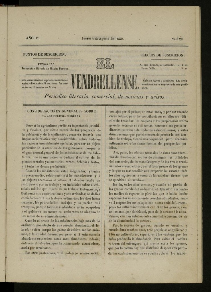 Miniatura de El Vendrellense: periódico literario, comercial, de noticias y avisos del 4 de agosto de 1859, nº 29