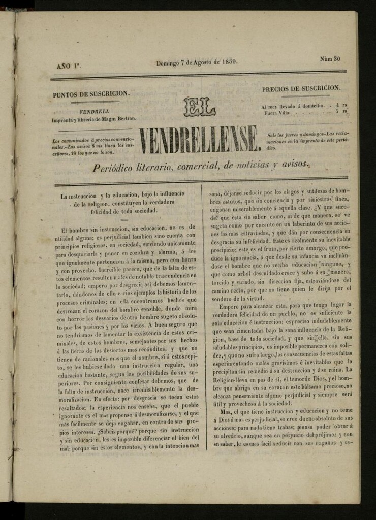 Miniatura de El Vendrellense: periódico literario, comercial, de noticias y avisos del 7 de agosto de 1859, nº 30