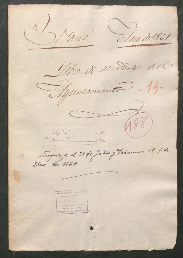Miniatura de Actas y acuerdos del ayuntamiento de El Pardo de 1861. Libro 188.