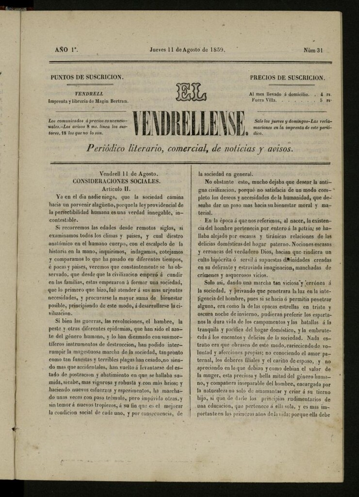 Miniatura de El Vendrellense: periódico literario, comercial, de noticias y avisos del 11 de agosto de 1859, nº 31