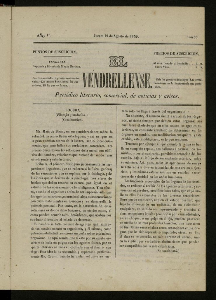 Miniatura de El Vendrellense: periódico literario, comercial, de noticias y avisos del 19 de agosto de 1859, nº 33