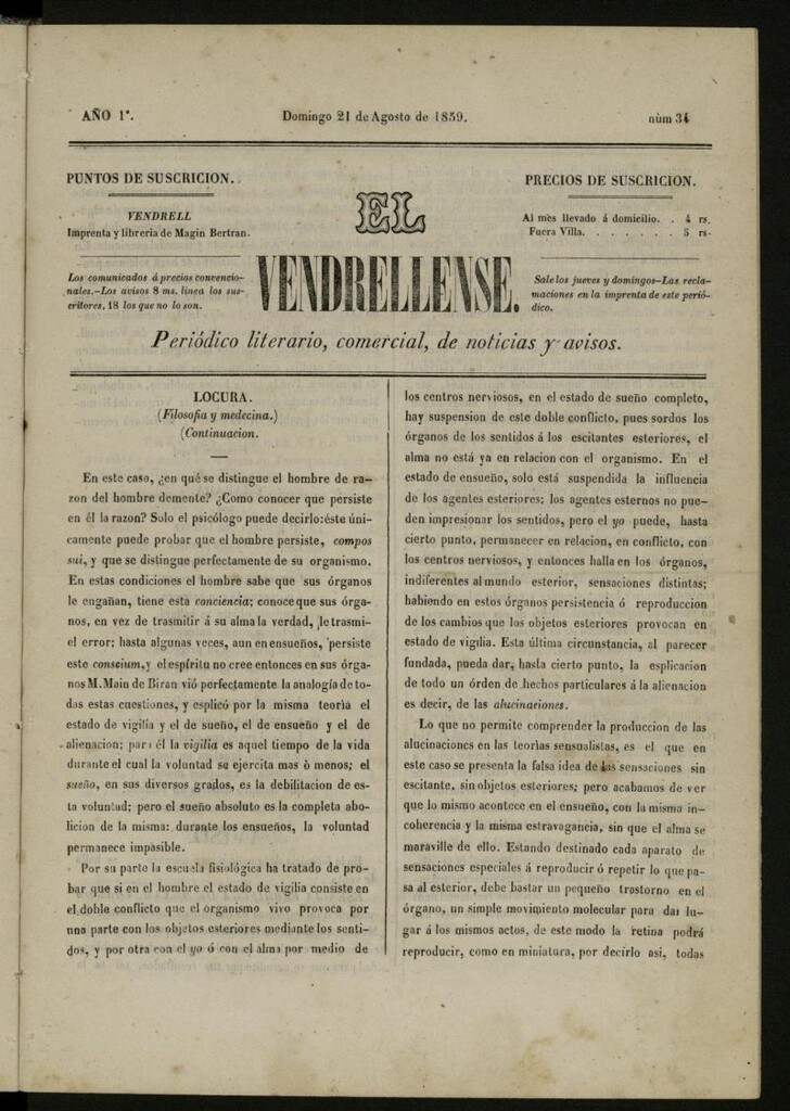 Miniatura de El Vendrellense: periódico literario, comercial, de noticias y avisos del 21 de agosto de 1859, nº 34