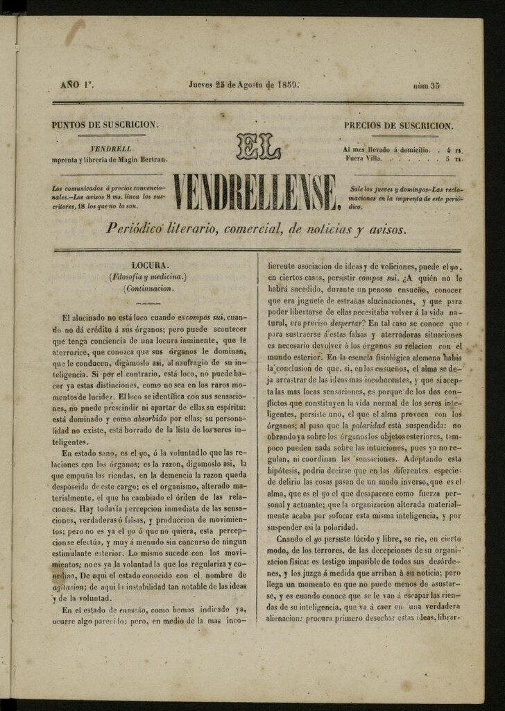 Miniatura de El Vendrellense: periódico literario, comercial, de noticias y avisos del 25 de agosto de 1859, nº 35