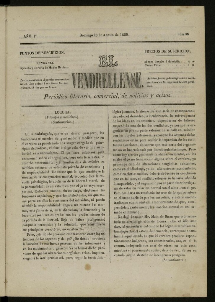 Miniatura de El Vendrellense: periódico literario, comercial, de noticias y avisos del 28 de agosto de 1859, nº 36