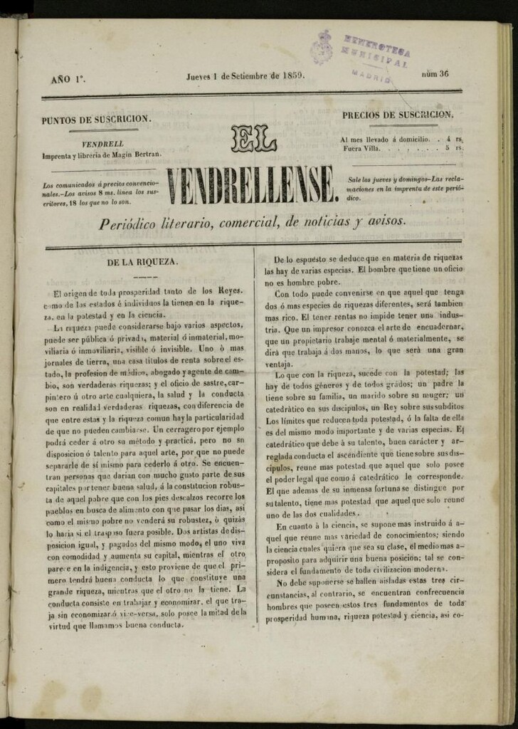 Miniatura de El Vendrellense: periódico literario, comercial, de noticias y avisos del 1 de septiembre de 1859, nº 36 [sic]