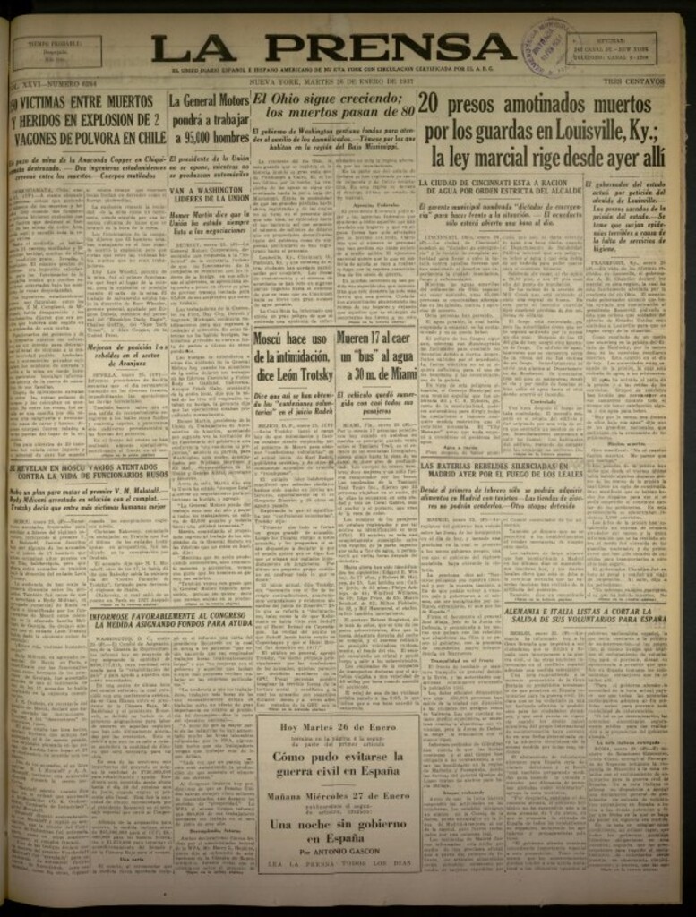 Miniatura de La Prensa: único diario español e hispano americano en Nueva York del 26 de enero de 1937, nº 6244