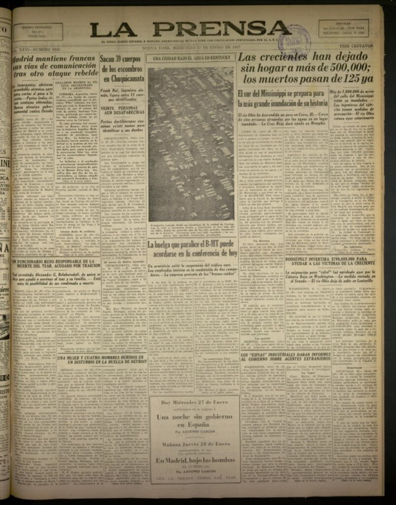 Miniatura de La Prensa: único diario español e hispano americano en Nueva York del 27 de enero de 1937, nº 6245
