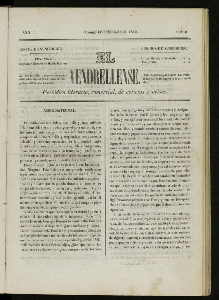Miniatura de El Vendrellense: periódico literario, comercial, de noticias y avisos del 11 de septiembre de 1859, nº 40