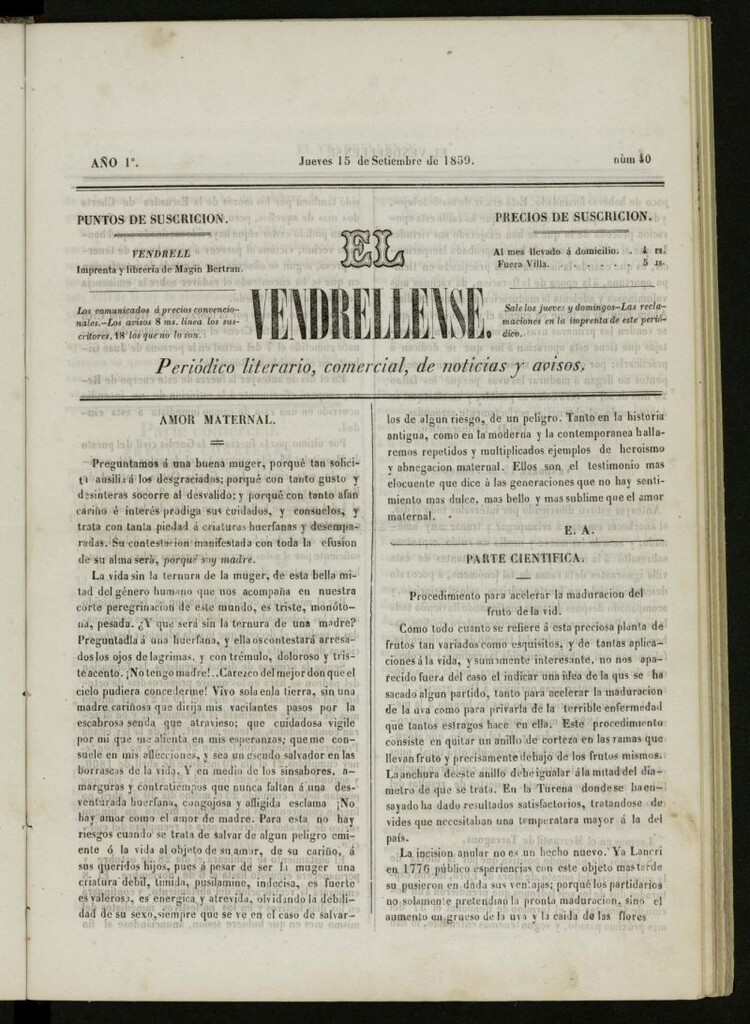 Miniatura de El Vendrellense: periódico literario, comercial, de noticias y avisos del 15 de septiembre de 1859, nº 40 [sic]