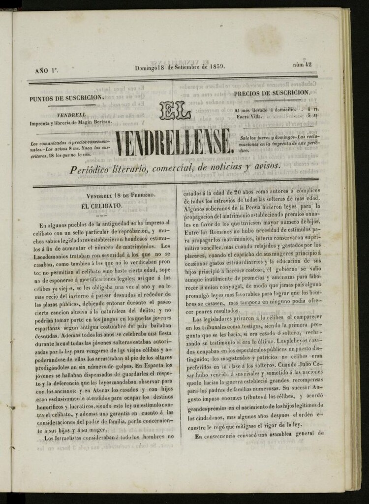 Miniatura de El Vendrellense: periódico literario, comercial, de noticias y avisos del 18 de septiembre de 1859, nº 42