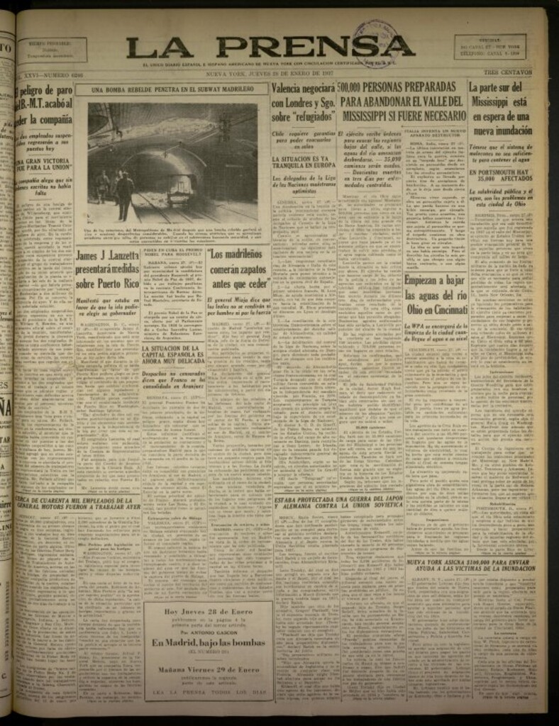 Miniatura de La Prensa: único diario español e hispano americano en Nueva York del 28 de enero de 1937, nº 6246