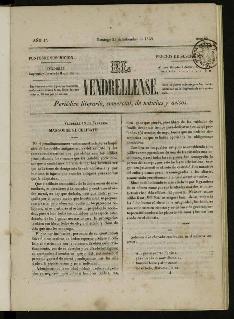 Miniatura de El Vendrellense: periódico literario, comercial, de noticias y avisos del 25 de septiembre de 1859, nº 44