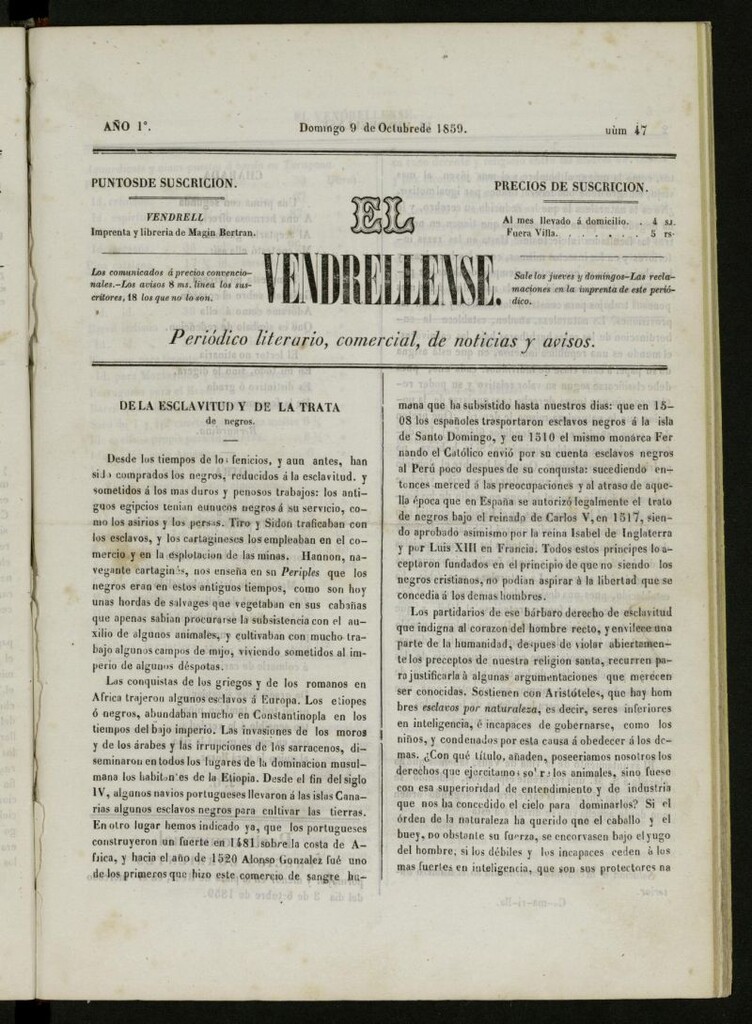 Miniatura de El Vendrellense: periódico literario, comercial, de noticias y avisos del 9 de octubre de 1859, nº 47 [sic]