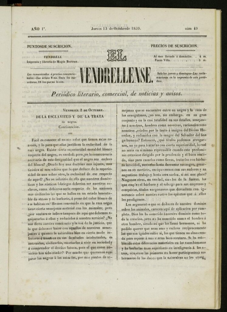 Miniatura de El Vendrellense: periódico literario, comercial, de noticias y avisos del 13 de octubre de 1859, nº 49