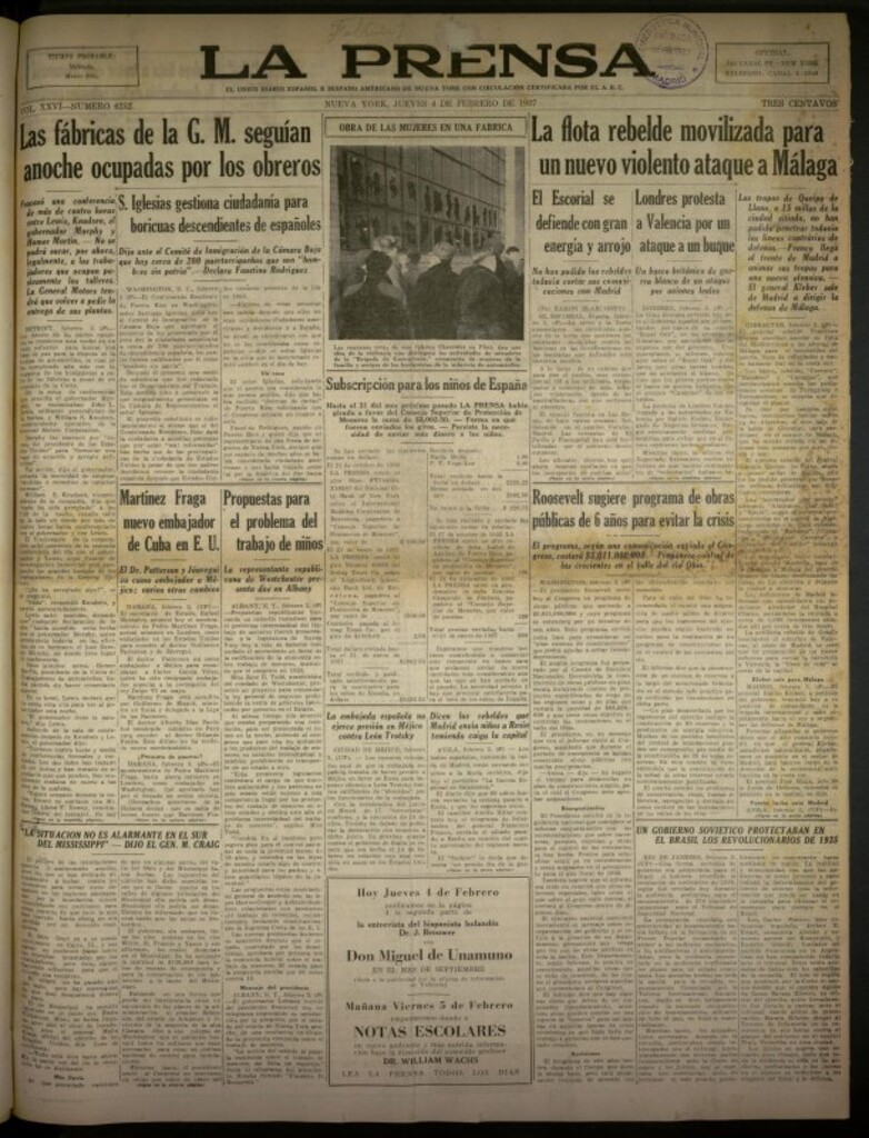 Miniatura de La Prensa: único diario español e hispano americano en Nueva York del 4 de febrero de 1937, nº 6252