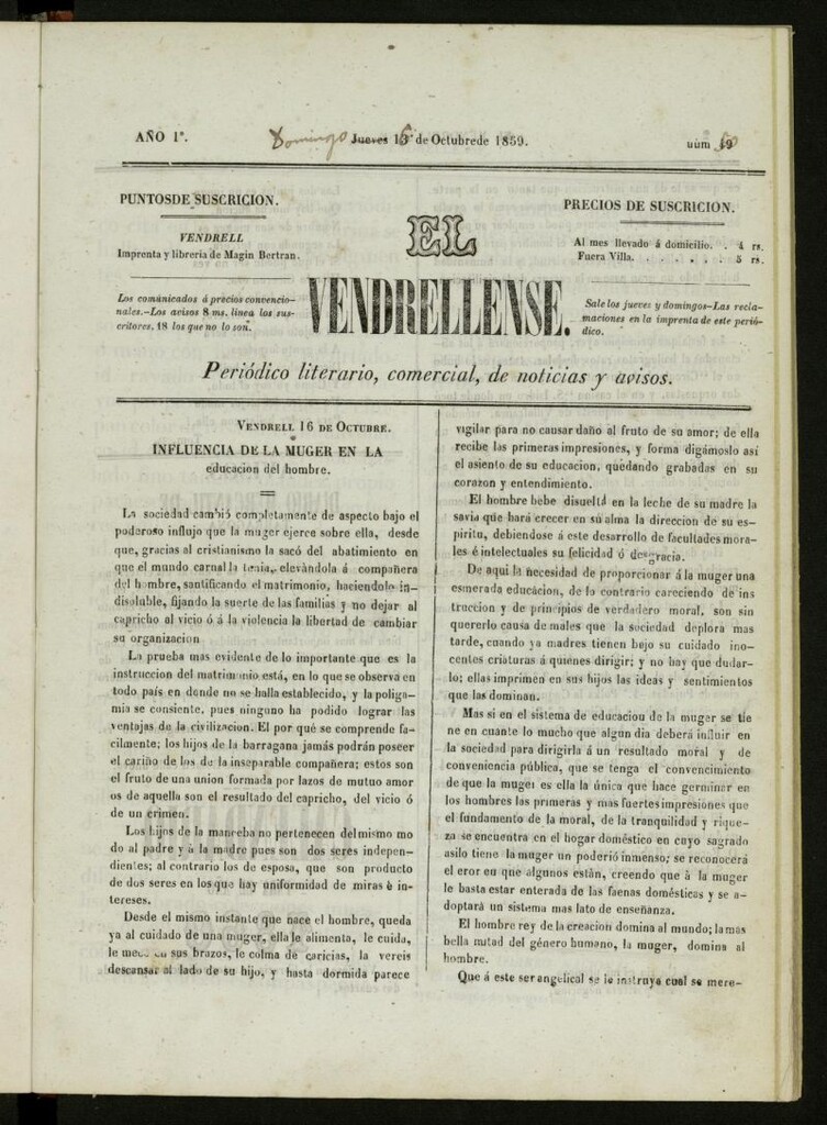 Miniatura de El Vendrellense: periódico literario, comercial, de noticias y avisos del 16 de octubre de 1859, nº 50