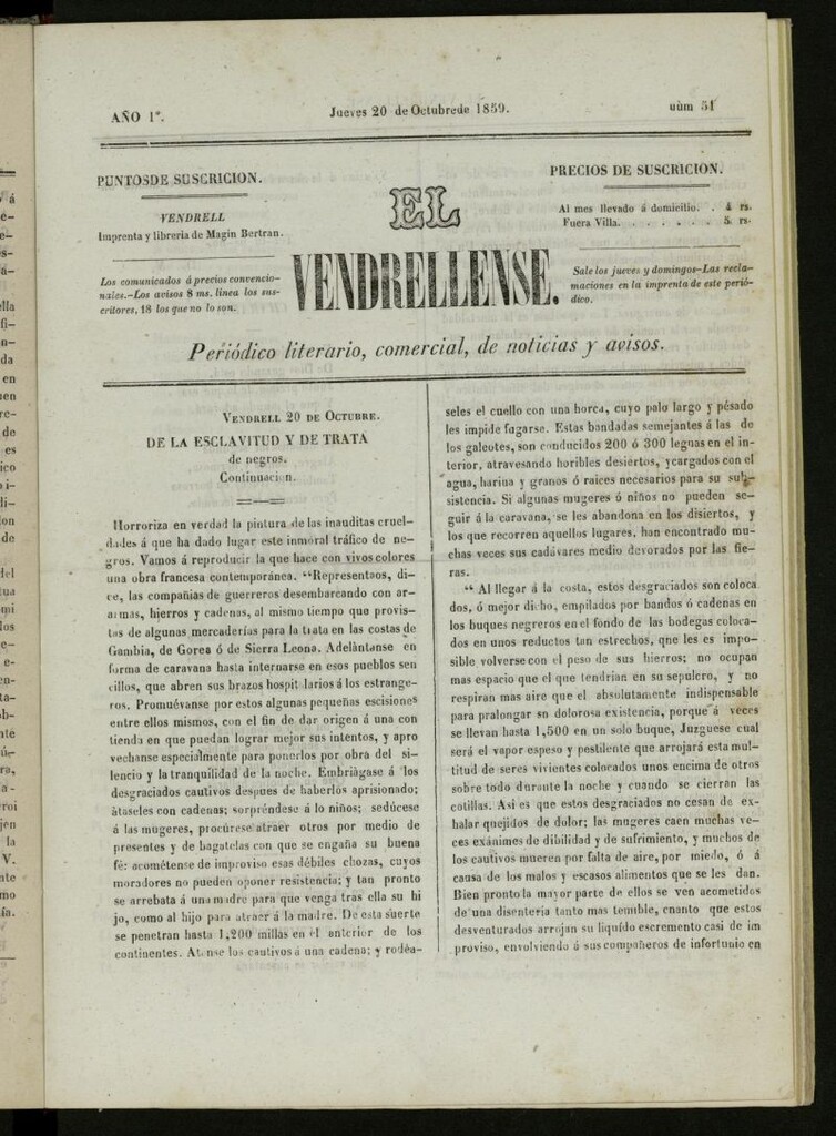 Miniatura de El Vendrellense: periódico literario, comercial, de noticias y avisos del 20 de octubre de 1859, nº 51