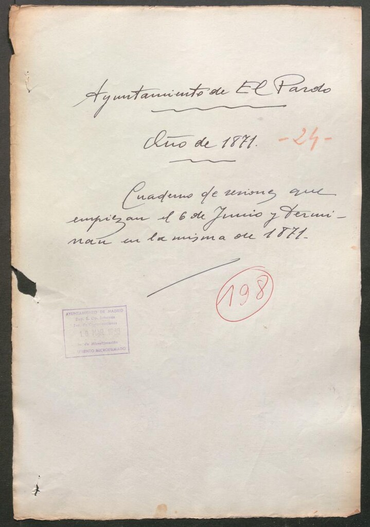 Miniatura de Actas y acuerdos del ayuntamiento de El Pardo de 1871. Libro 198.