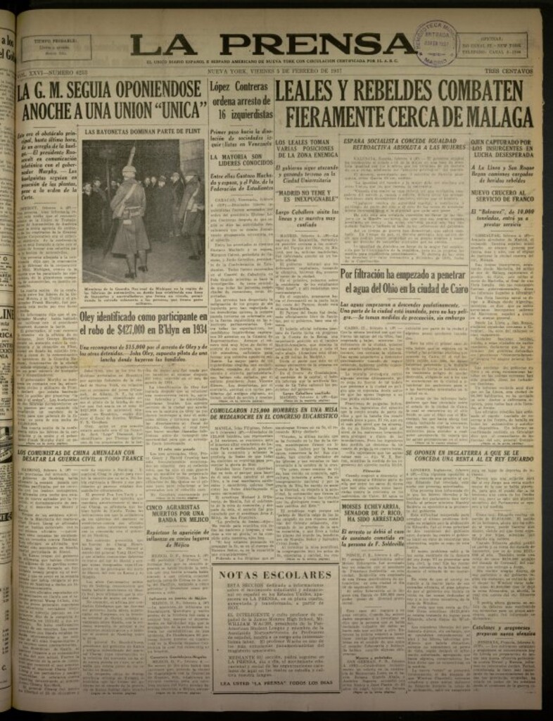 Miniatura de La Prensa: único diario español e hispano americano en Nueva York del 5 de febrero de 1937, nº 6253
