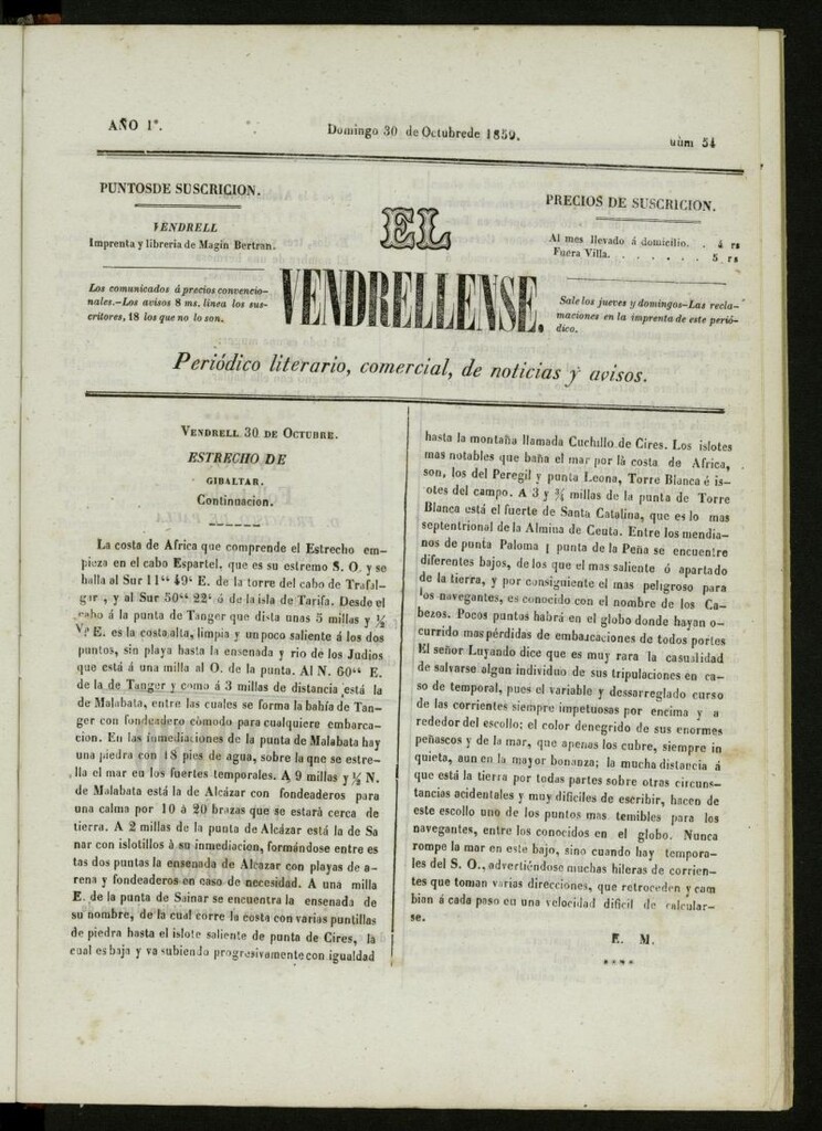 Miniatura de El Vendrellense: periódico literario, comercial, de noticias y avisos del 30 de octubre de 1859, nº 54