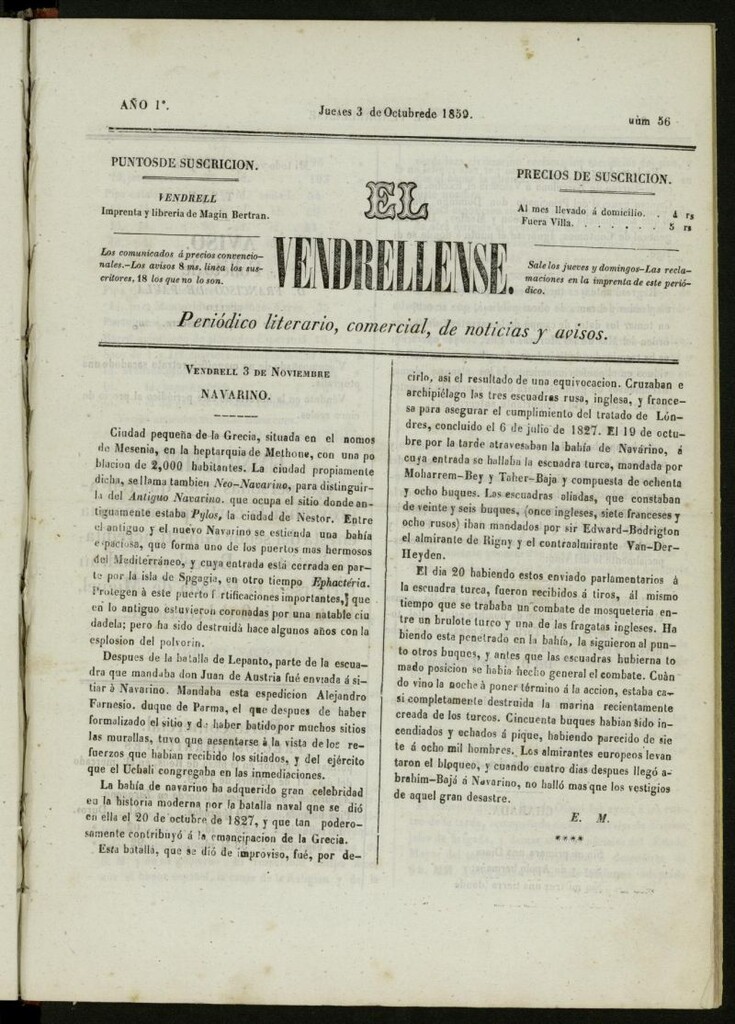 Miniatura de El Vendrellense: periódico literario, comercial, de noticias y avisos del 3 de octubre de 1859, nº 56 [sic]