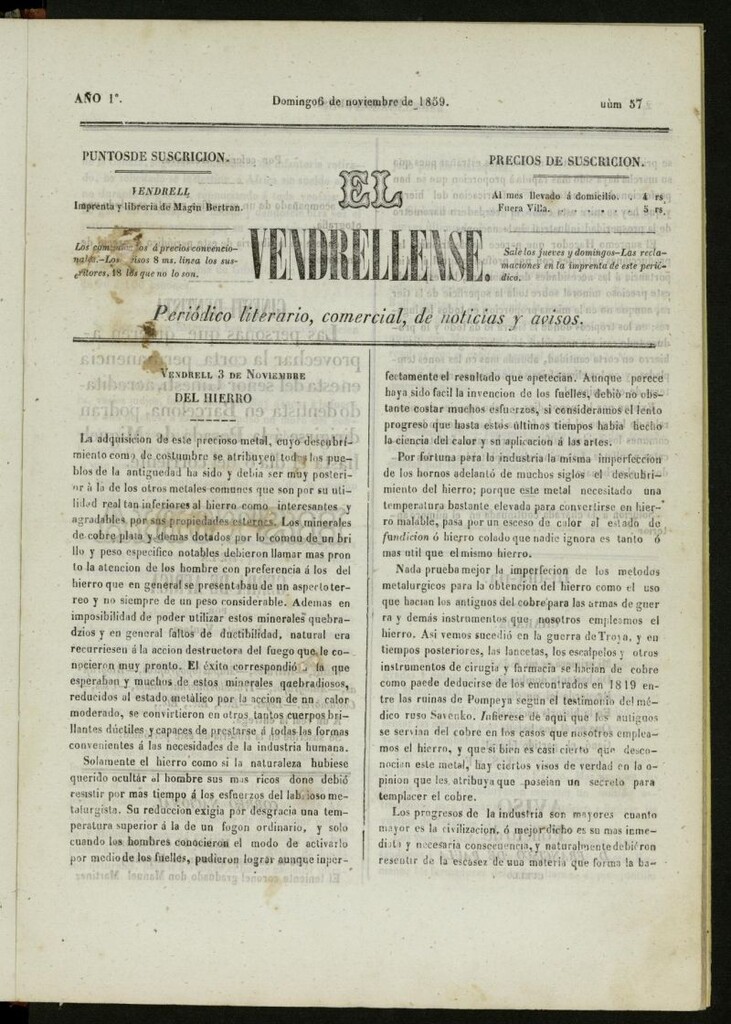 Miniatura de El Vendrellense: periódico literario, comercial, de noticias y avisos del 6 de noviembre de 1859, nº 57