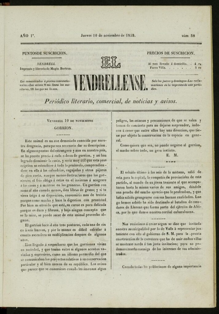 Miniatura de El Vendrellense: periódico literario, comercial, de noticias y avisos del 10 de noviembre de 1859, nº 58
