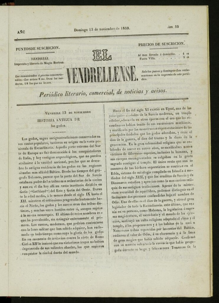 Miniatura de El Vendrellense: periódico literario, comercial, de noticias y avisos del 13 de noviembre de 1859, nº 59