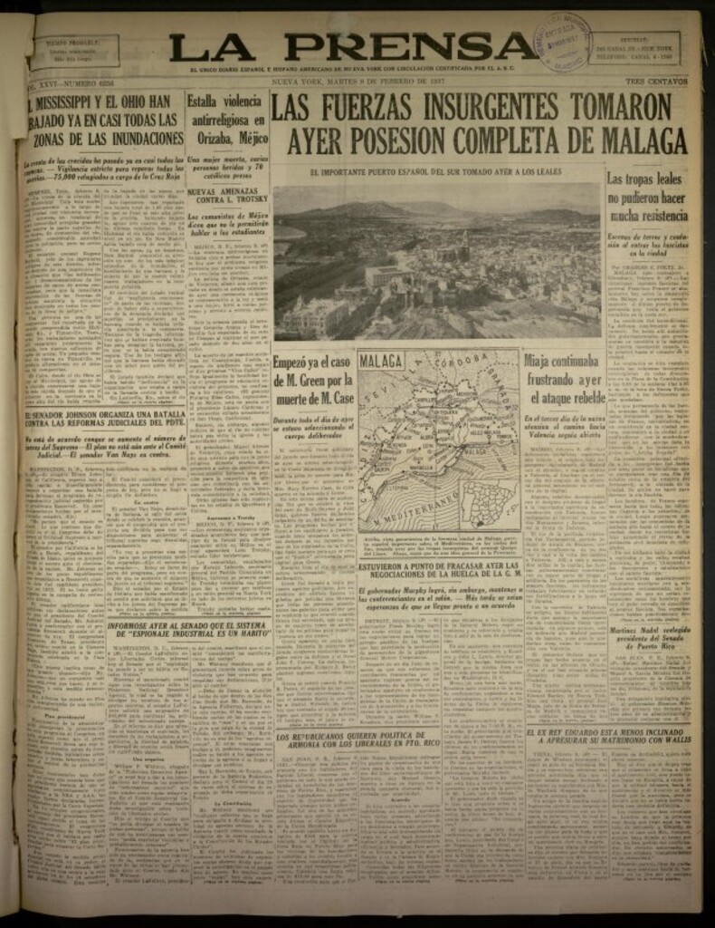 Miniatura de La Prensa: único diario español e hispano americano en Nueva York del 9 de febrero de 1937, nº 6256