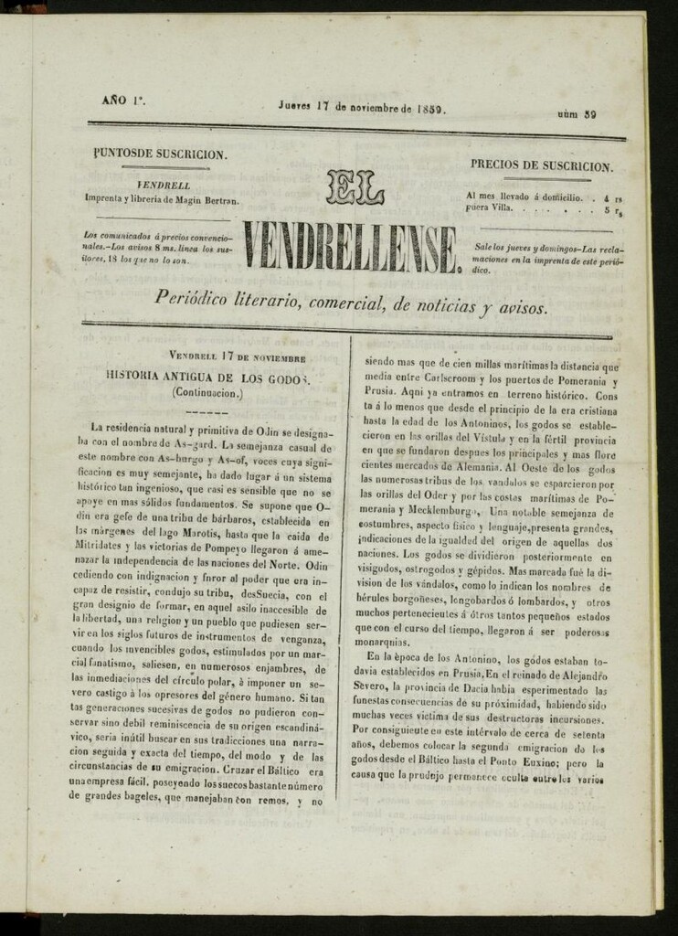 Miniatura de El Vendrellense: periódico literario, comercial, de noticias y avisos del 17 de noviembre de 1859, nº 59 [sic]