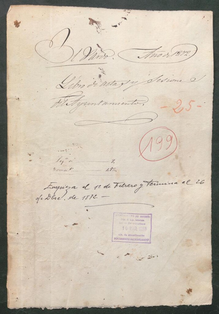 Miniatura de Actas y acuerdos del ayuntamiento de El Pardo de 1872. Libro 199.