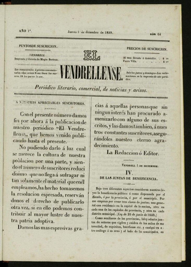 Miniatura de El Vendrellense: periódico literario, comercial, de noticias y avisos del 1 de diciembre de 1859, nº 64