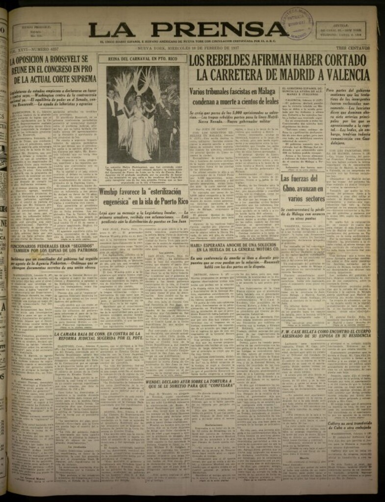 Miniatura de La Prensa: único diario español e hispano americano en Nueva York del 10 de febrero de 1937, nº 6257