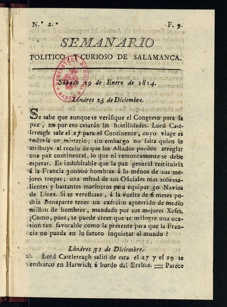 Miniatura de Semanario Político y Curioso de Salamanca del 29 de enero de 1814, nº 2