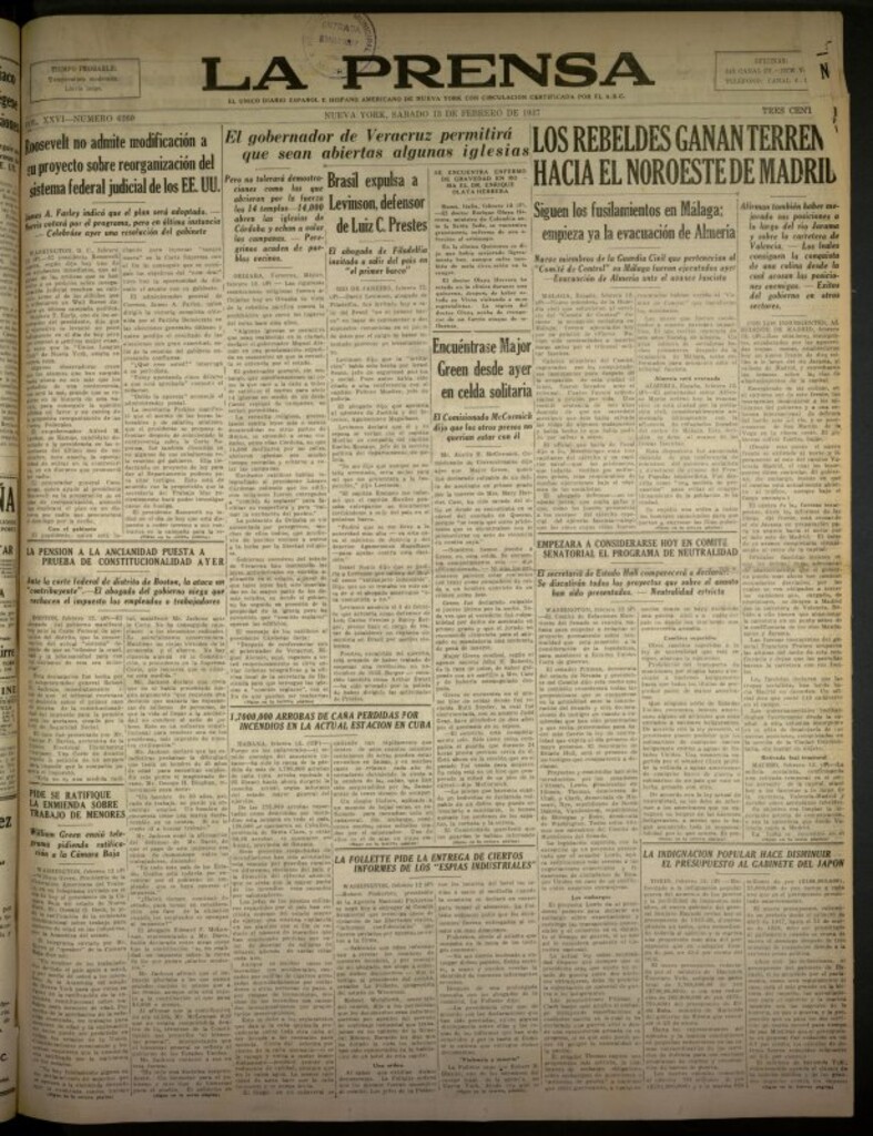 Miniatura de La Prensa: único diario español e hispano americano en Nueva York del 13 de febrero de 1937, nº 6260