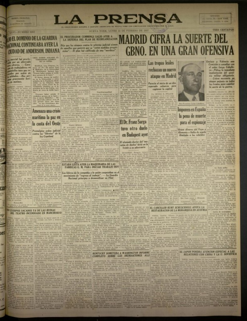 Miniatura de La Prensa: único diario español e hispano americano en Nueva York del 15 de febrero de 1937, nº 6261