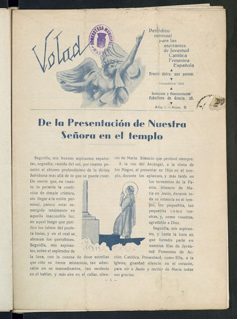 Miniatura de Volad: periódico mensual para las aspirantes de Juventud Católica Femenina Española de noviembre de 1934, nº 8