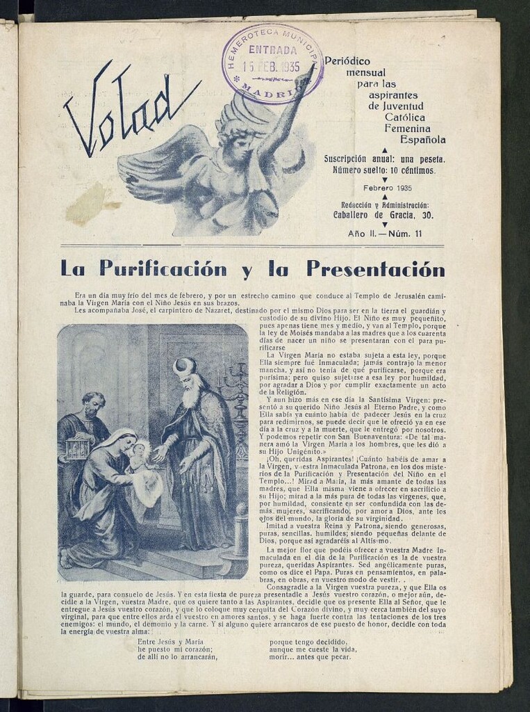 Miniatura de Volad: periódico mensual para las aspirantes de Juventud Católica Femenina Española de febrero de 1935, nº 11