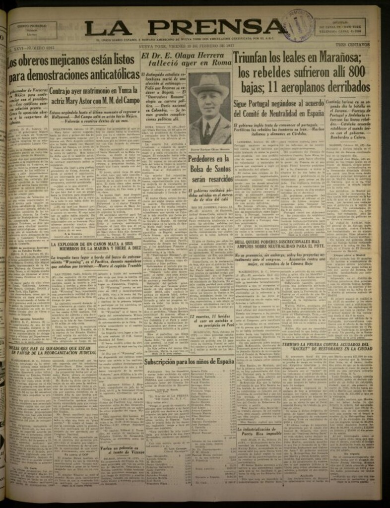 Miniatura de La Prensa: único diario español e hispano americano en Nueva York del 19 de febrero de 1937, nº 6265