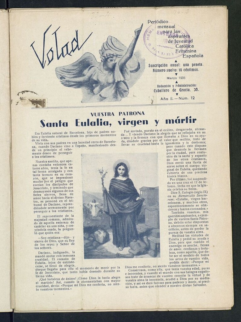 Miniatura de Volad: periódico mensual para las aspirantes de Juventud Católica Femenina Española de marzo de 1935, nº 12