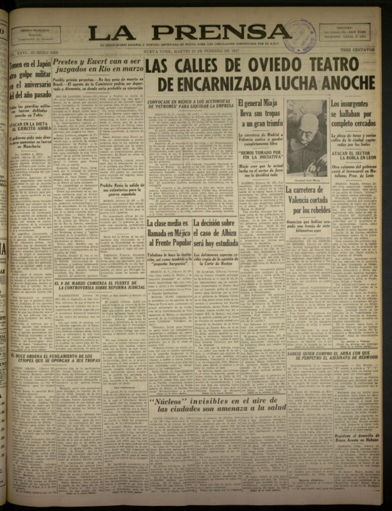 Miniatura de La Prensa: único diario español e hispano americano en Nueva York del 23 de febrero de 1937, nº 6268