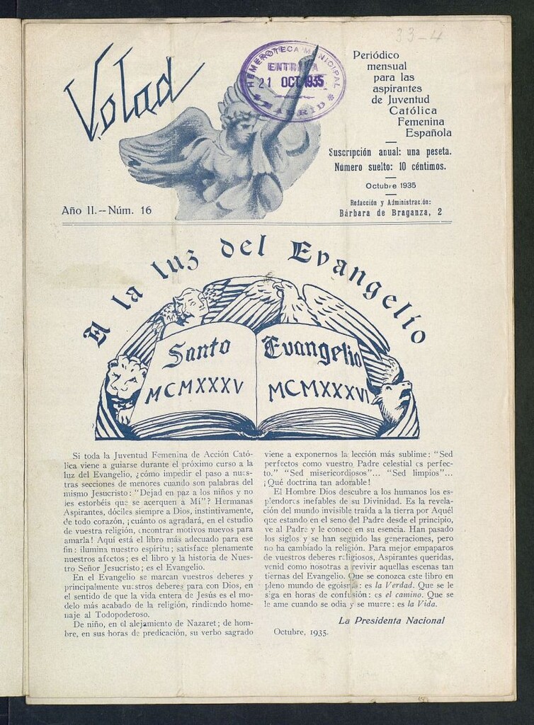 Miniatura de Volad: periódico mensual para las aspirantes de Juventud Católica Femenina Española de octubre de 1935, nº 16