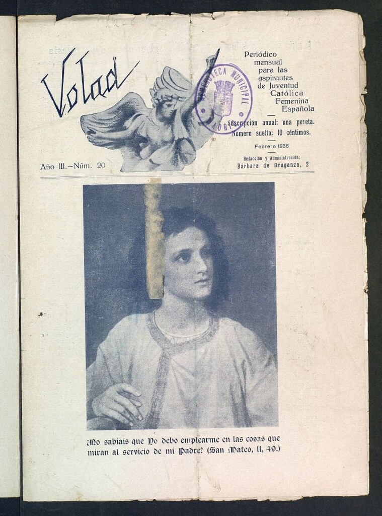 Miniatura de Volad: periódico mensual para las aspirantes de Juventud Católica Femenina Española de febrero de 1936, nº 20