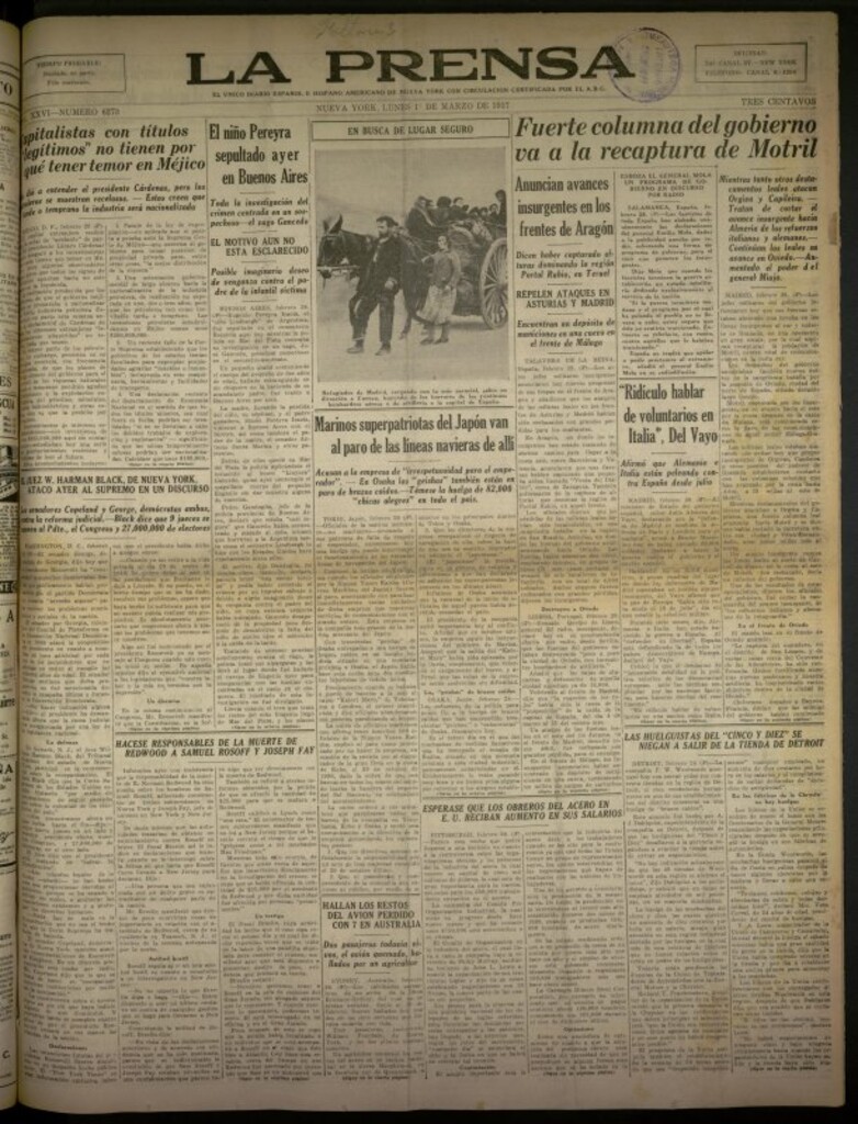 Miniatura de La Prensa: único diario español e hispano americano en Nueva York del 1 de marzo de 1937, nº 6273