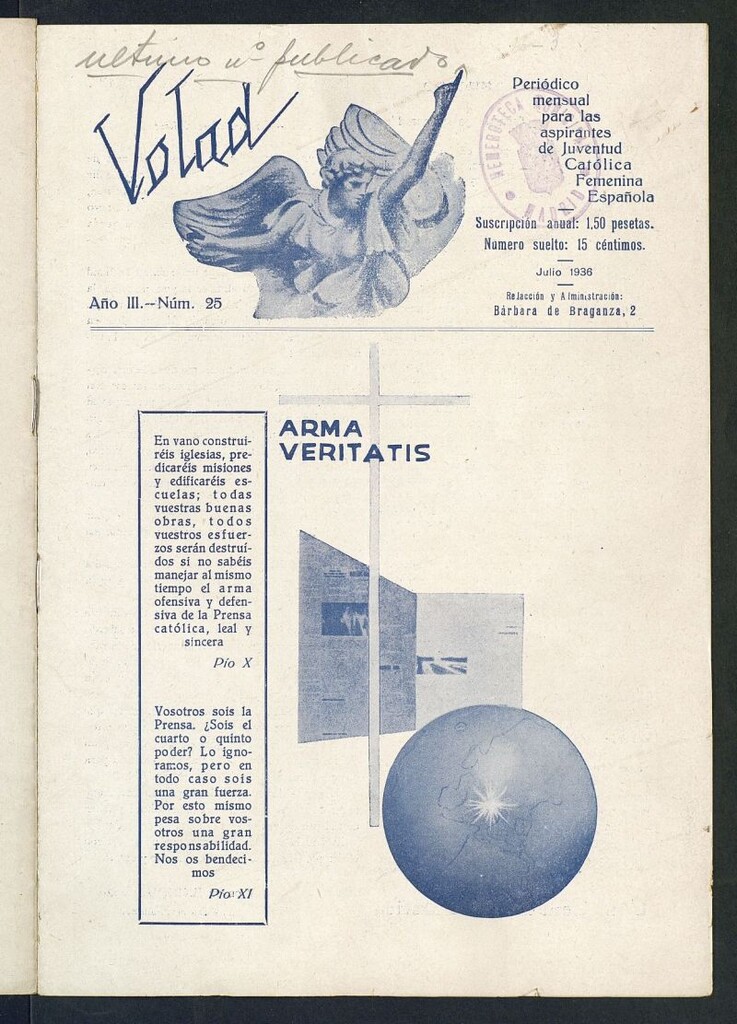 Miniatura de Volad: periódico mensual para las aspirantes de Juventud Católica Femenina Española de julio de 1936, nº 25