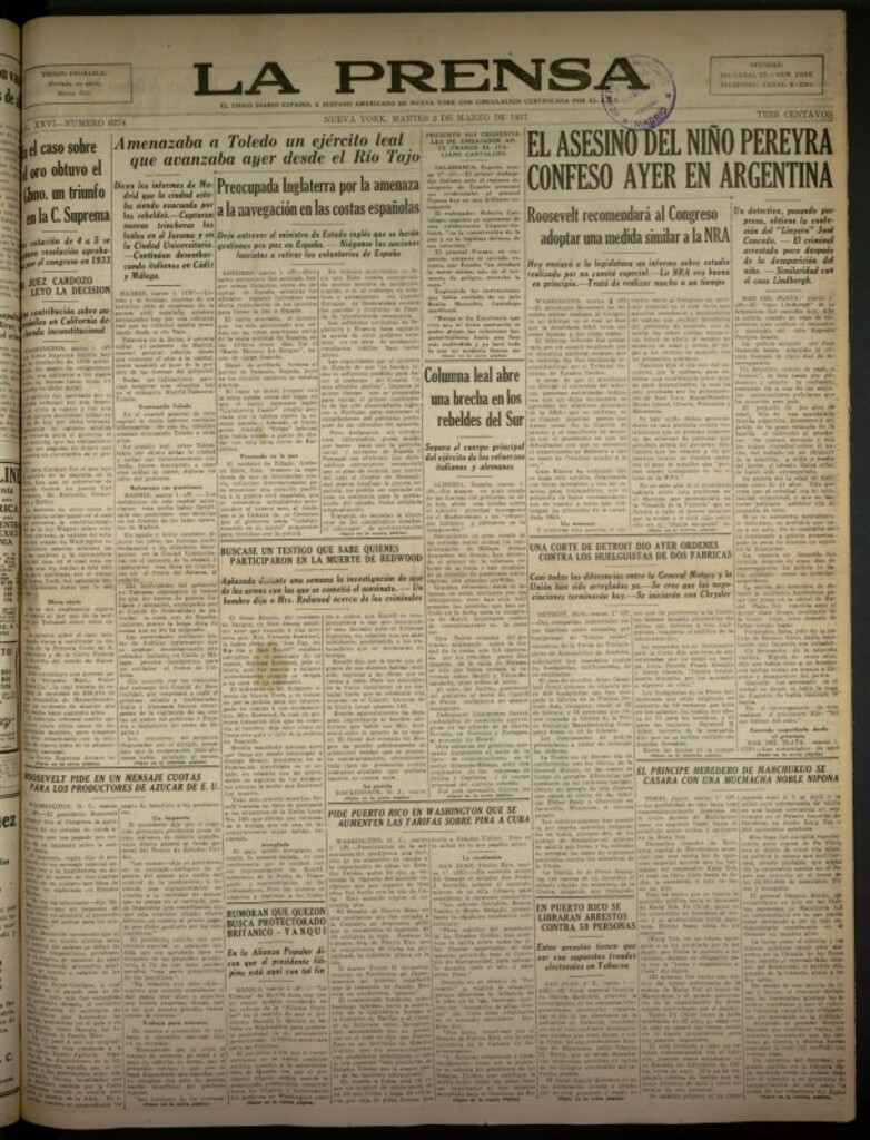 Miniatura de La Prensa: único diario español e hispano americano en Nueva York del 2 de marzo de 1937, nº 6274