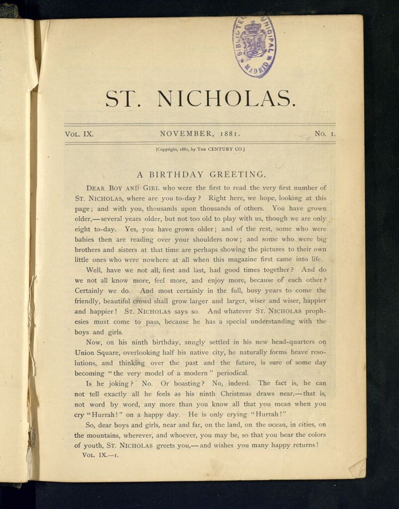 Miniatura de Saint Nicholas : scribner´s illustrated magazine for girls and boys del mes de noviembre de 1881, nº 1