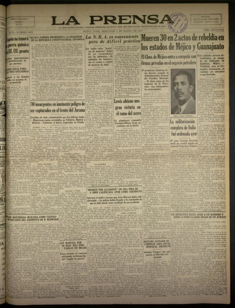 Miniatura de La Prensa: único diario español e hispano americano en Nueva York del 3 de marzo de 1937, nº 6275
