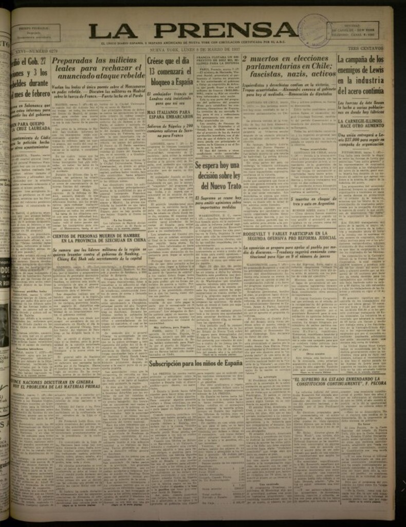 Miniatura de La Prensa: único diario español e hispano americano en Nueva York del 8 de marzo de 1937, nº 6279